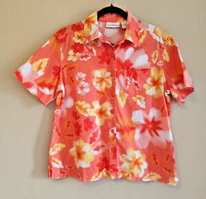 SUNBAY COTTONS Womens M Tropical Print Short-sleeve Woven Button-down Shirt
